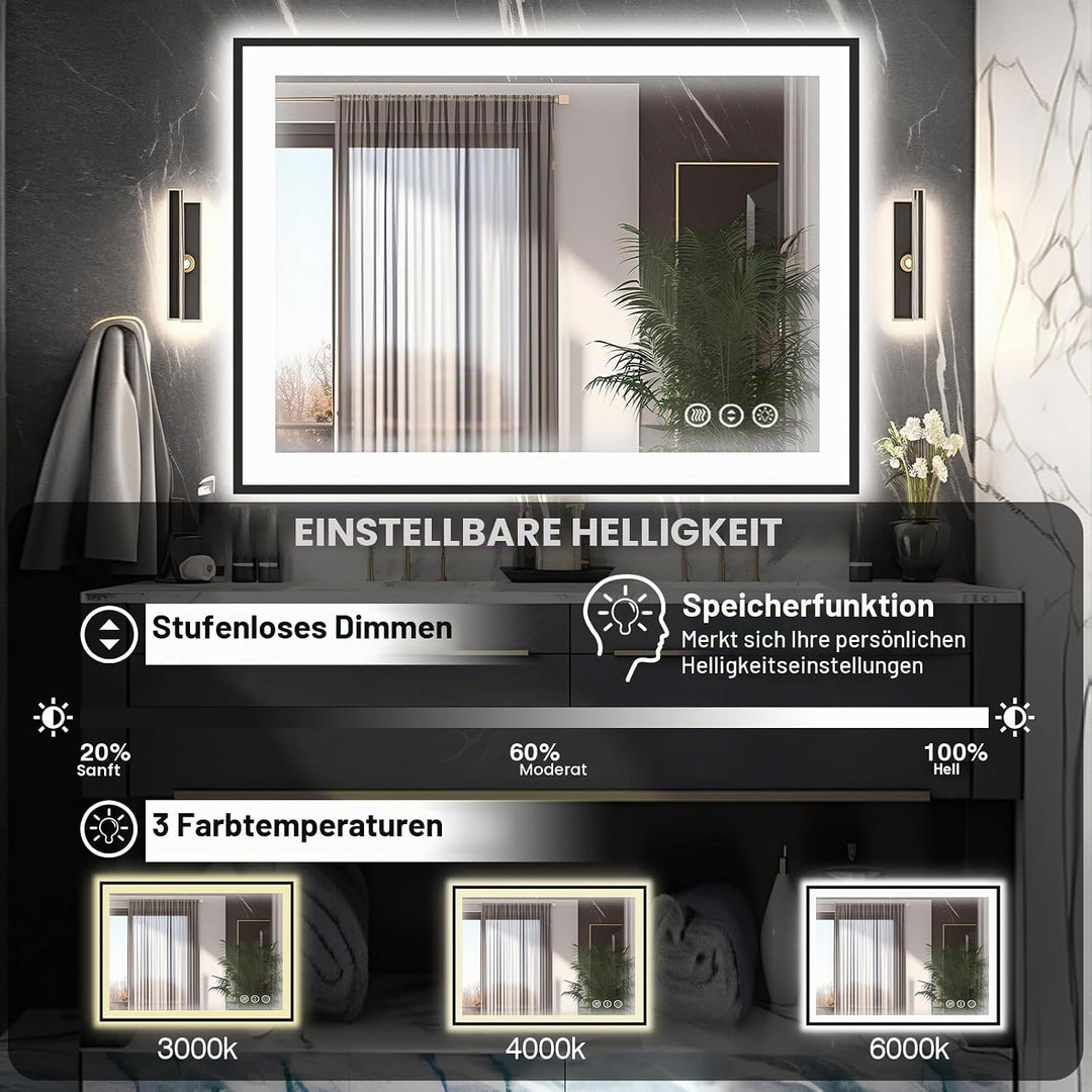 EchosLife 100x90cm Badspiegel mit Beleuchtung, Hartglas Badspiegel LED Antibeschlag, Schwarzer Alumi