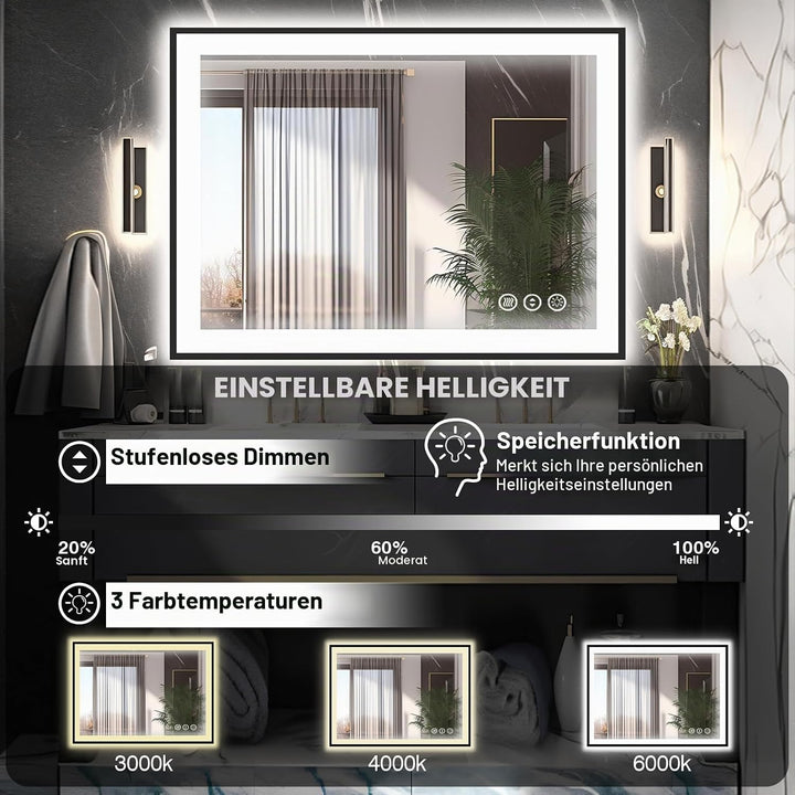 EchosLife 100x90cm Badspiegel mit Beleuchtung, Hartglas Badspiegel LED Antibeschlag, Schwarzer Alumi