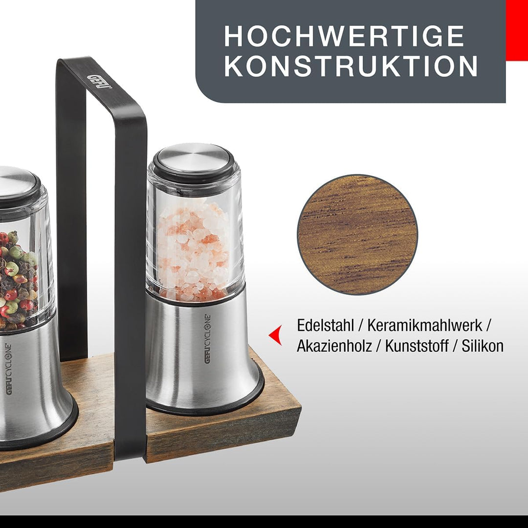 Gefu Salz- und Pfeffermühlen-Set X-PLOSION, 2er Set mit Menage, Mühlen mit Keramikmahlwerk, Holzunte