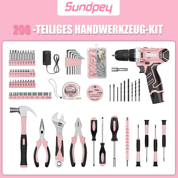 Sundpey Werkzeugkoffer Gefüllt 206tlg, 12V Akkuschrauber zum Anziehen/Lösen von Schrauben, Haushalts