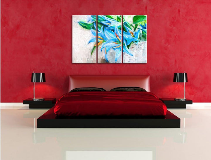 Pixxprint Blaue Blumen im Körbchen als Leinwandbild/Grösse: 3 Teilig (120x80 cm) cm/Wandbild/Kunstdr
