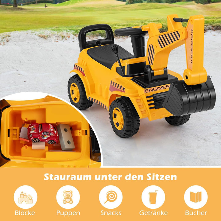 DREAMADE Bagger zum draufsitzen, Kinder Sitzbagger mit Verstellbarer Schaufel & Hupe & Kippschutz, A