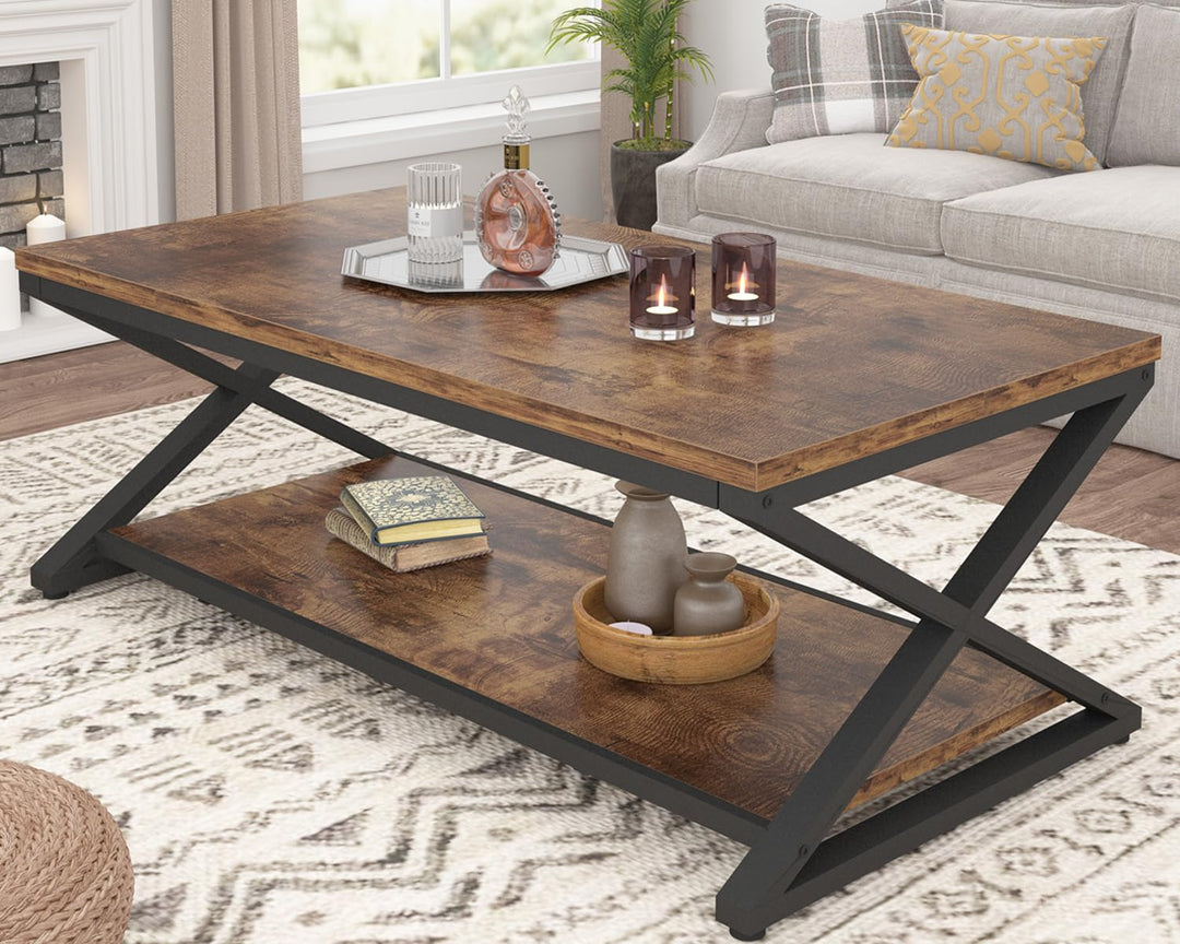 HSH Braun Couchtisch mit Ablage, industrieller Metall-Holz-Wohnzimmertisch, Bauernhaus, minimalistis