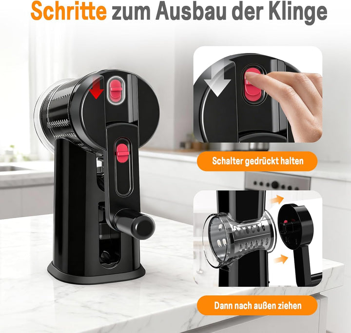 Ibergrif Manuelle Gemüsereibe mit Kurbel, Schwarze Premium Trommelreibe– 3 Klingen für Schneiden, Ra