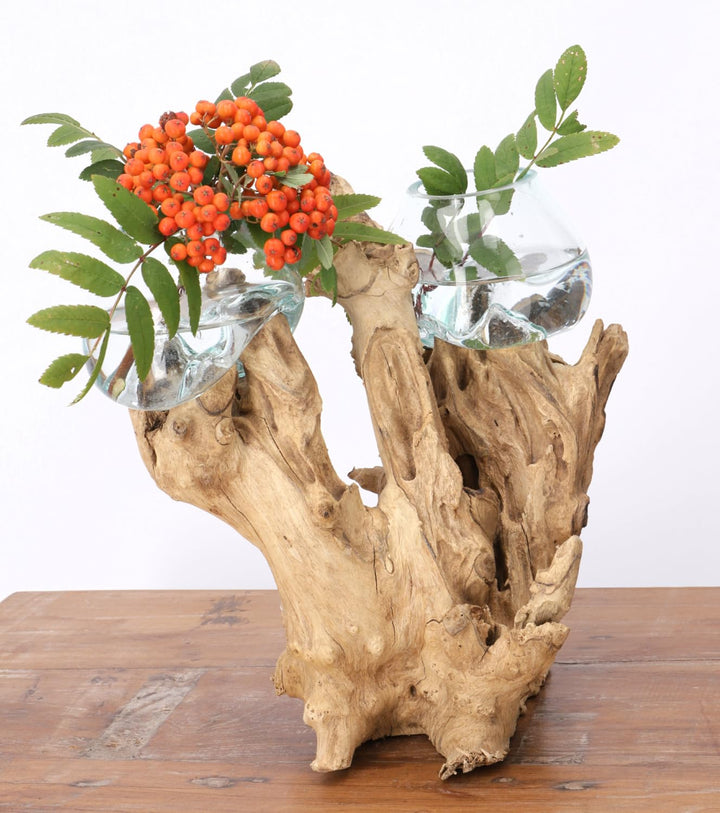 GURU SHOP Exotische Wurzelholz Vase mit 2 Gläsern - 2 x Ø Glas bis 10 cm 2 * Ø Glas Bis 10 Cm, 2 * Ø
