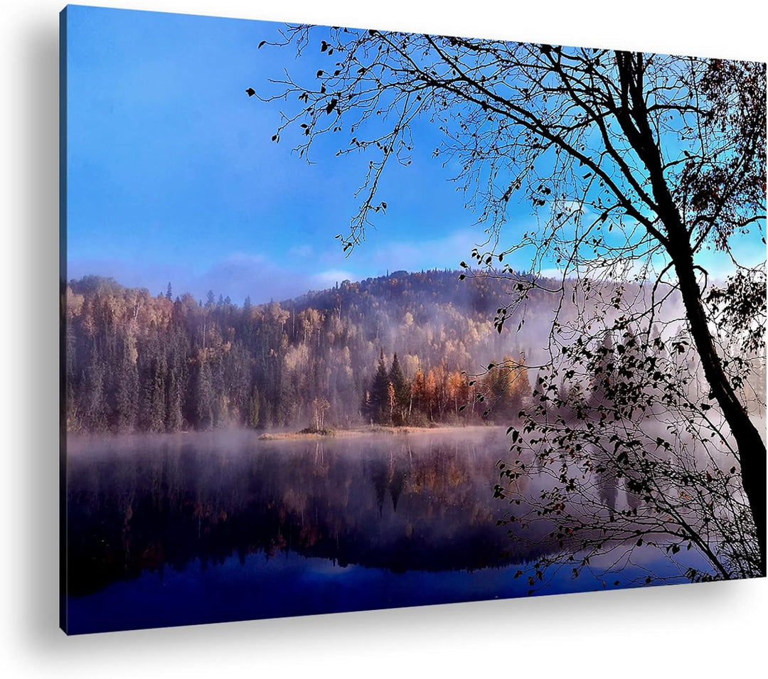 deyoli schöne Herbstlandschaft am See im Format: 80x60 als Leinwandbild, Motiv fertig gerahmt auf Ec