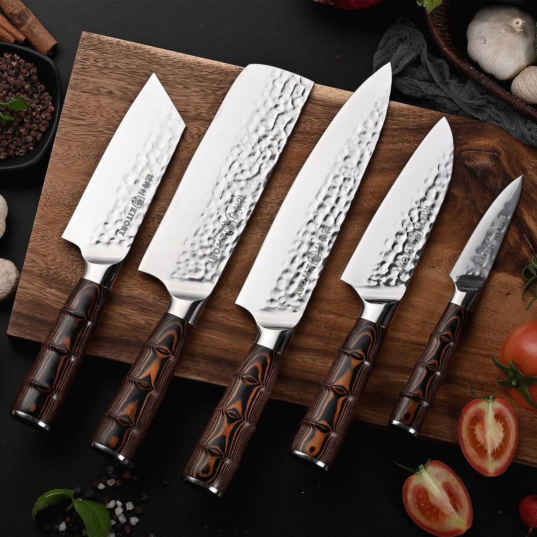 Kitory Kochmesser 20cm, Profi Chefmesser mit gehämmerter Klinge, Bambusförmiger Griff, Deutscher HC