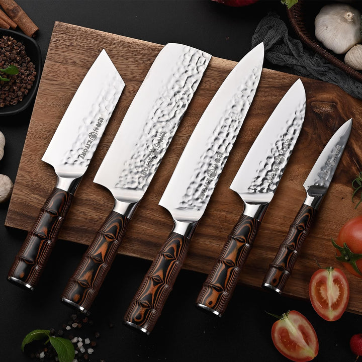 Kitory Kochmesser 20cm, Profi Chefmesser mit gehämmerter Klinge, Bambusförmiger Griff, Deutscher HC