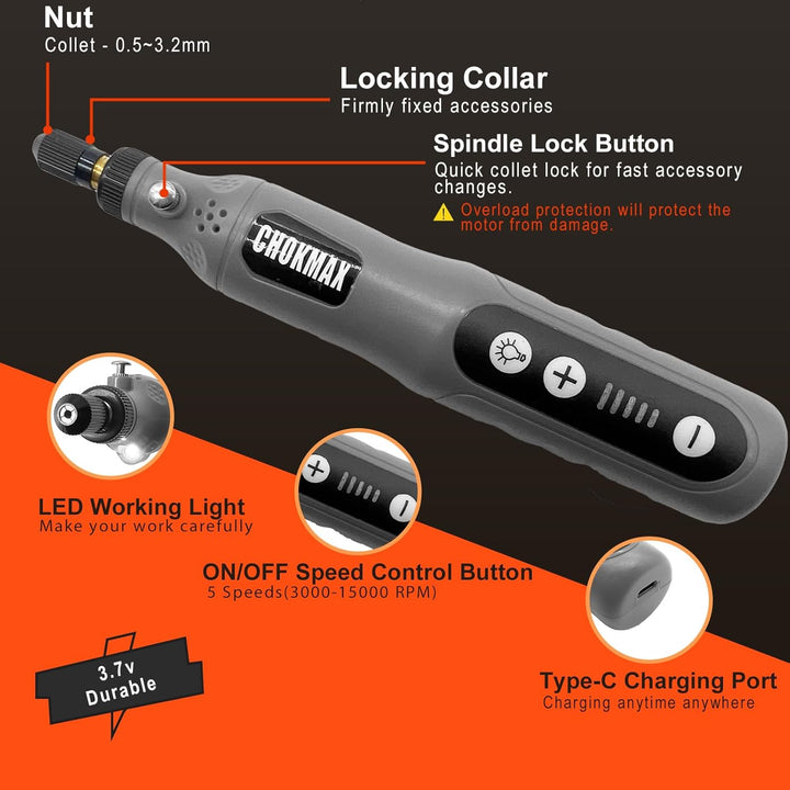 CHOKMAX Mini Kabelloses Drehwerkzeug, 5-Gang-Schleifer-Kit mit 72 Zubehörteilen und Front-LED-Licht,