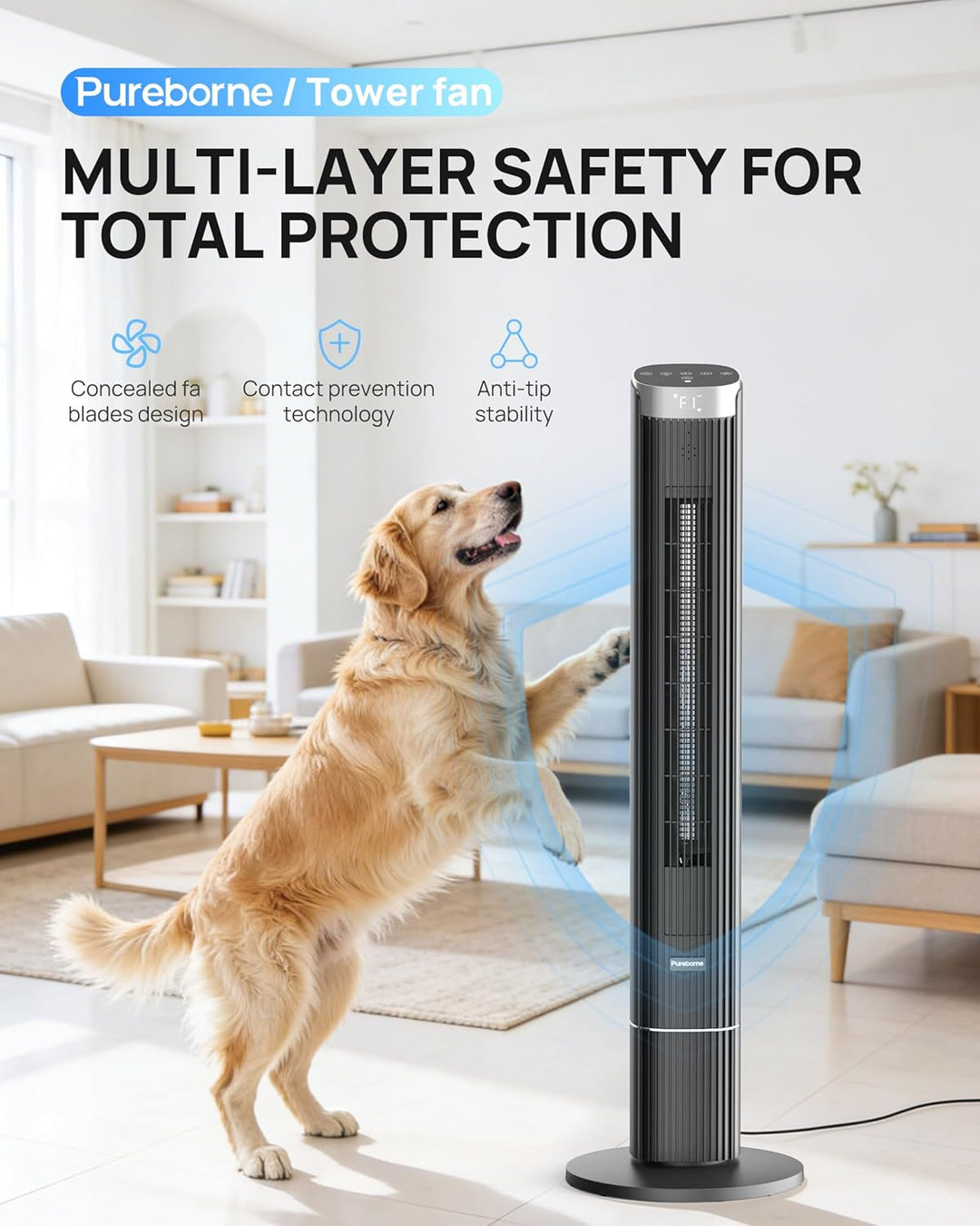 Leiser Ventilator, 25dB Smart Turmventilator, 90° Oszillation Tower Fan, 4 Stufen, 12H Timer Turmven