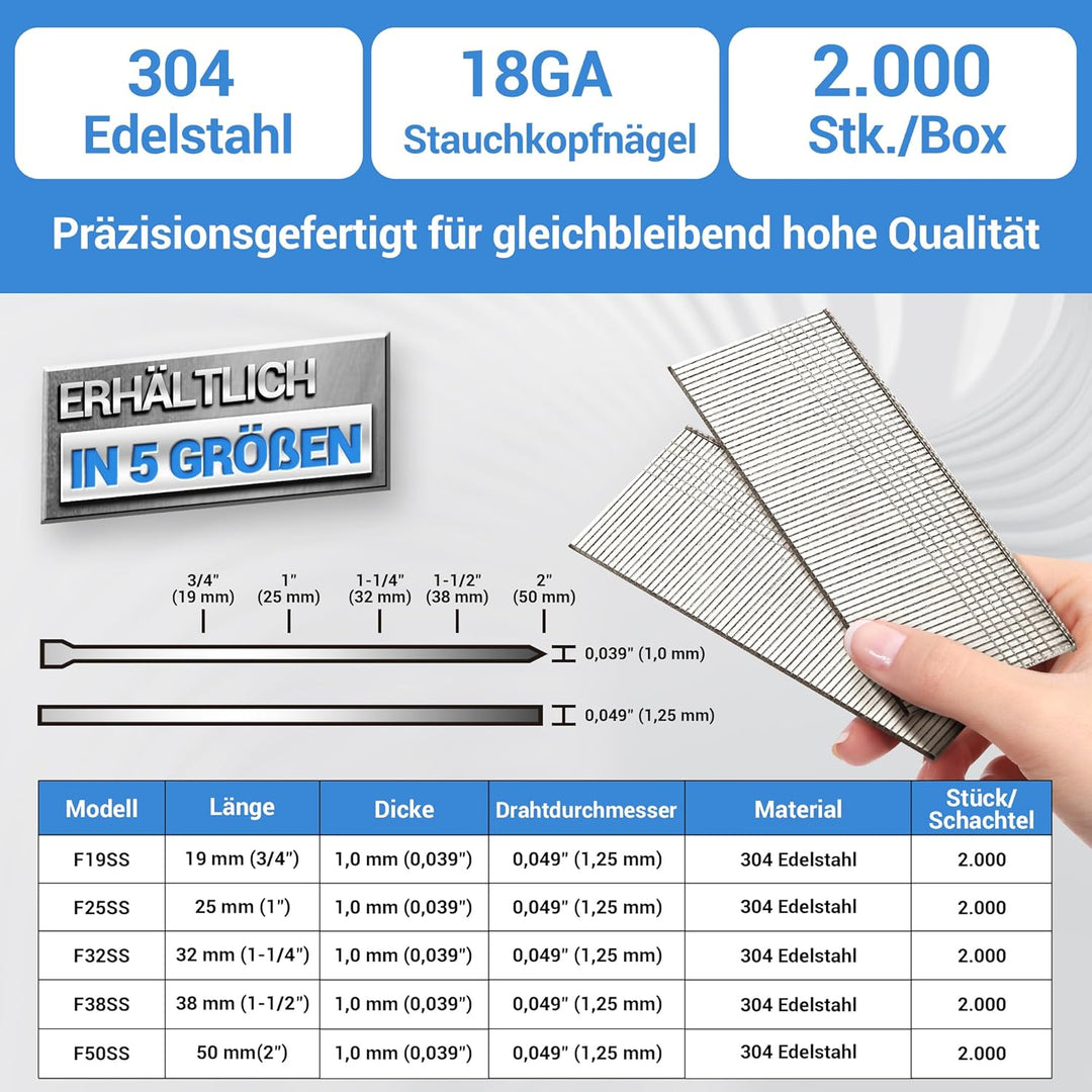 meite Edelstahl Stauchkopfnägel 18GA / 32 mm, Tackernägel 32mm Edelstahl 304 18GA Nägel für Druckluf