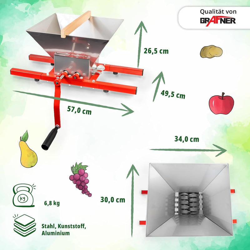 Grafner Obstmühle 7 Liter, Massive Ausführung mit Handkurbel, Apfelpresse Beerenmühle Traubenmühle S