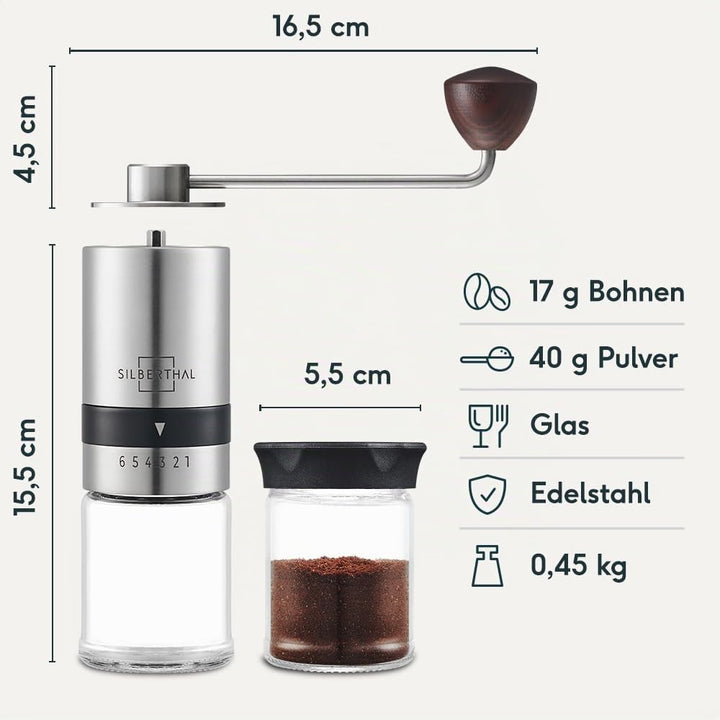 SILBERTHAL Kaffee Handmühle manuell mit konischem Edelstahlmahlwerk &amp; French Press 1 Liter aus Stahl