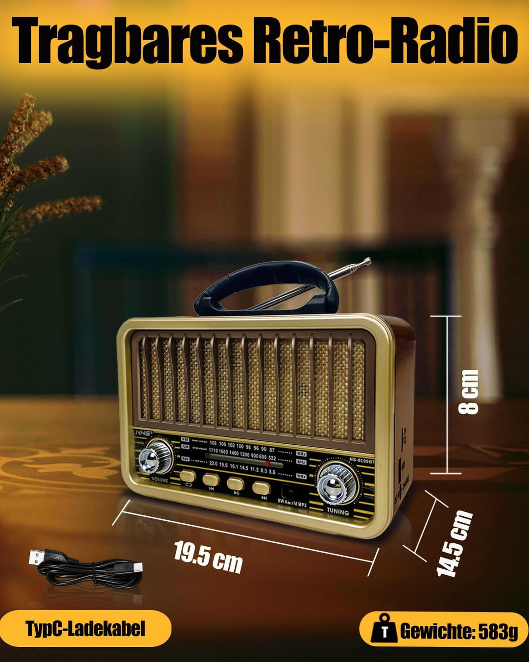 Retro Radio mit Bluetooth, AM/SW/FM Tragbares Radio Klein, UKW Radio Batteriebetrieben Unterstützung