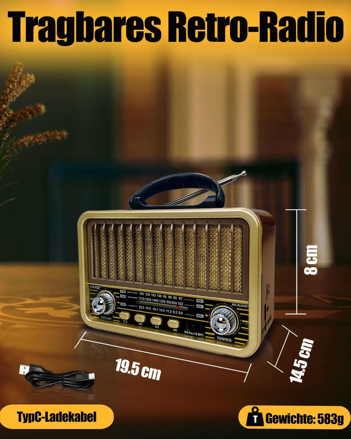 Retro Radio mit Bluetooth, AM/SW/FM Tragbares Radio Klein, UKW Radio Batteriebetrieben Unterstützung