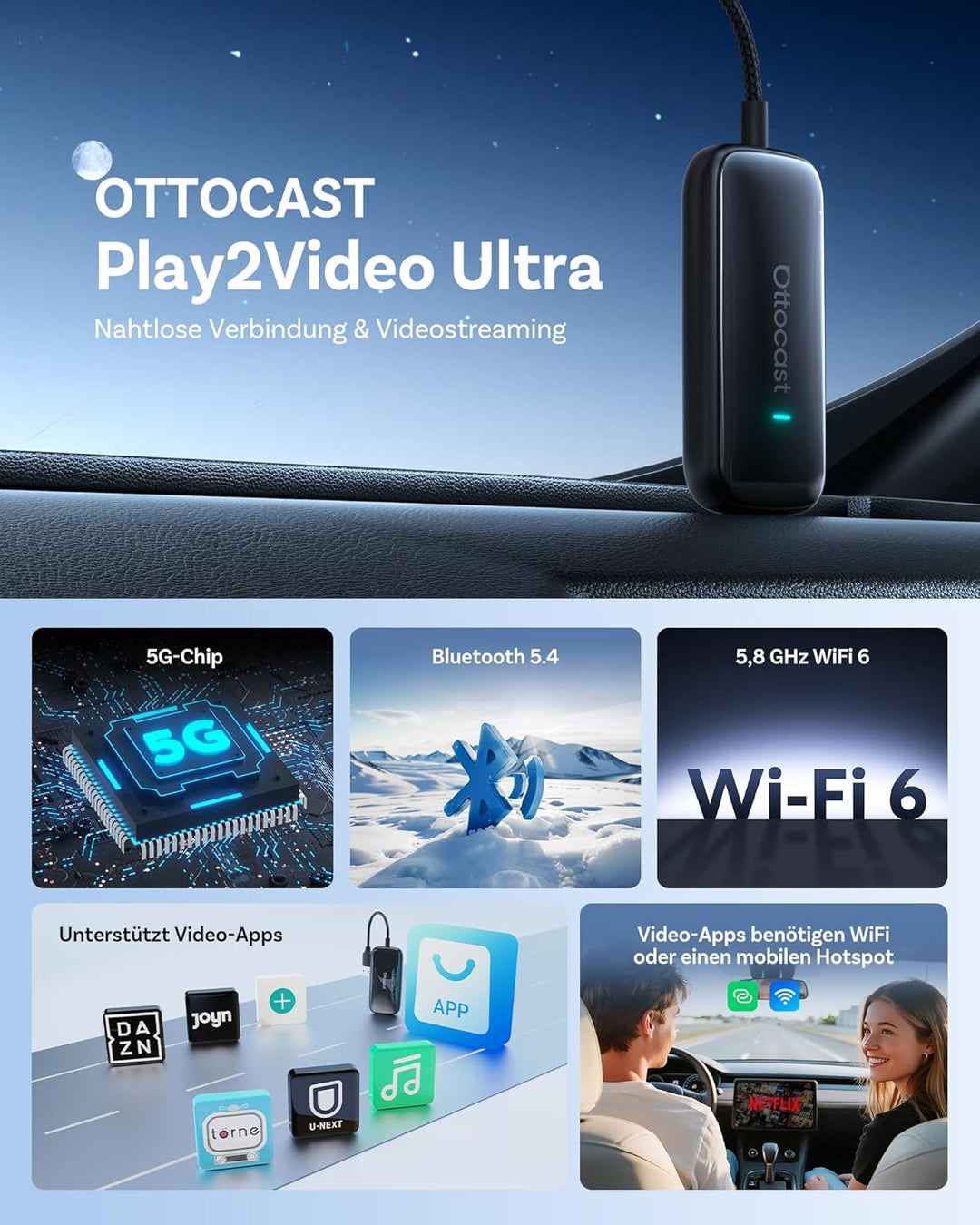 2026 Neu OTTOCAST Play2video Ultra, Kabelloser CarPlay & Android Auto Adapter mit YouTube Netflix, P
