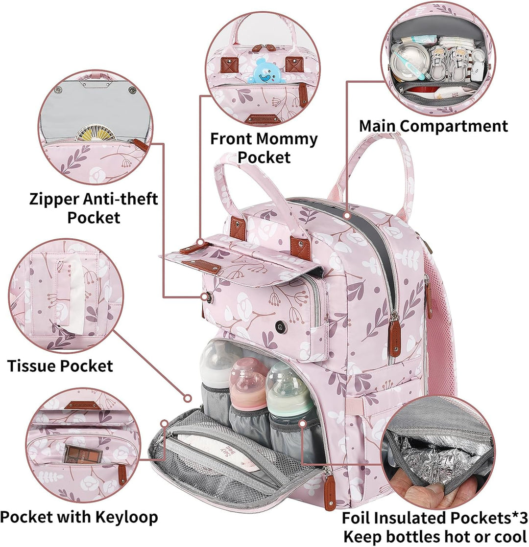 Legestori Diaper Bag Backpack, Baby Girl Diaper Bag with Insulated Pockets and Stroller Straps L-pin