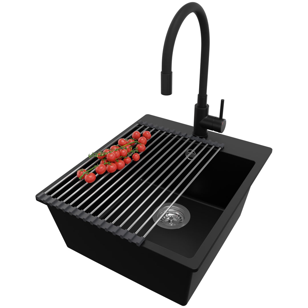 PRIMAGRAN Granitspüle Schwarz 43x50cm, Spülbecken 1 Becken + Küchenarmatur 40x38cm + Zuberhor-Set, K