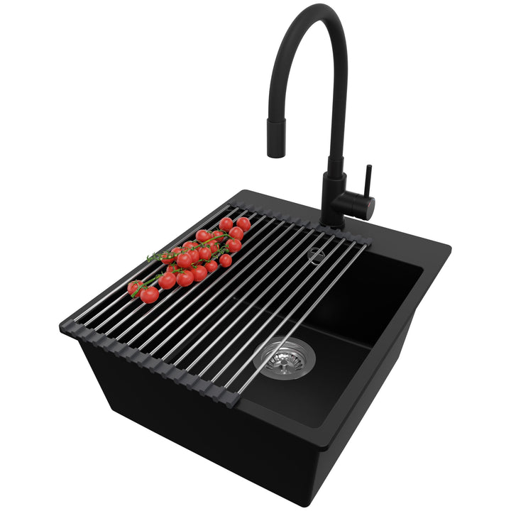 PRIMAGRAN Granitspüle Schwarz 43x50cm, Spülbecken 1 Becken + Küchenarmatur 40x38cm + Zuberhor-Set, K
