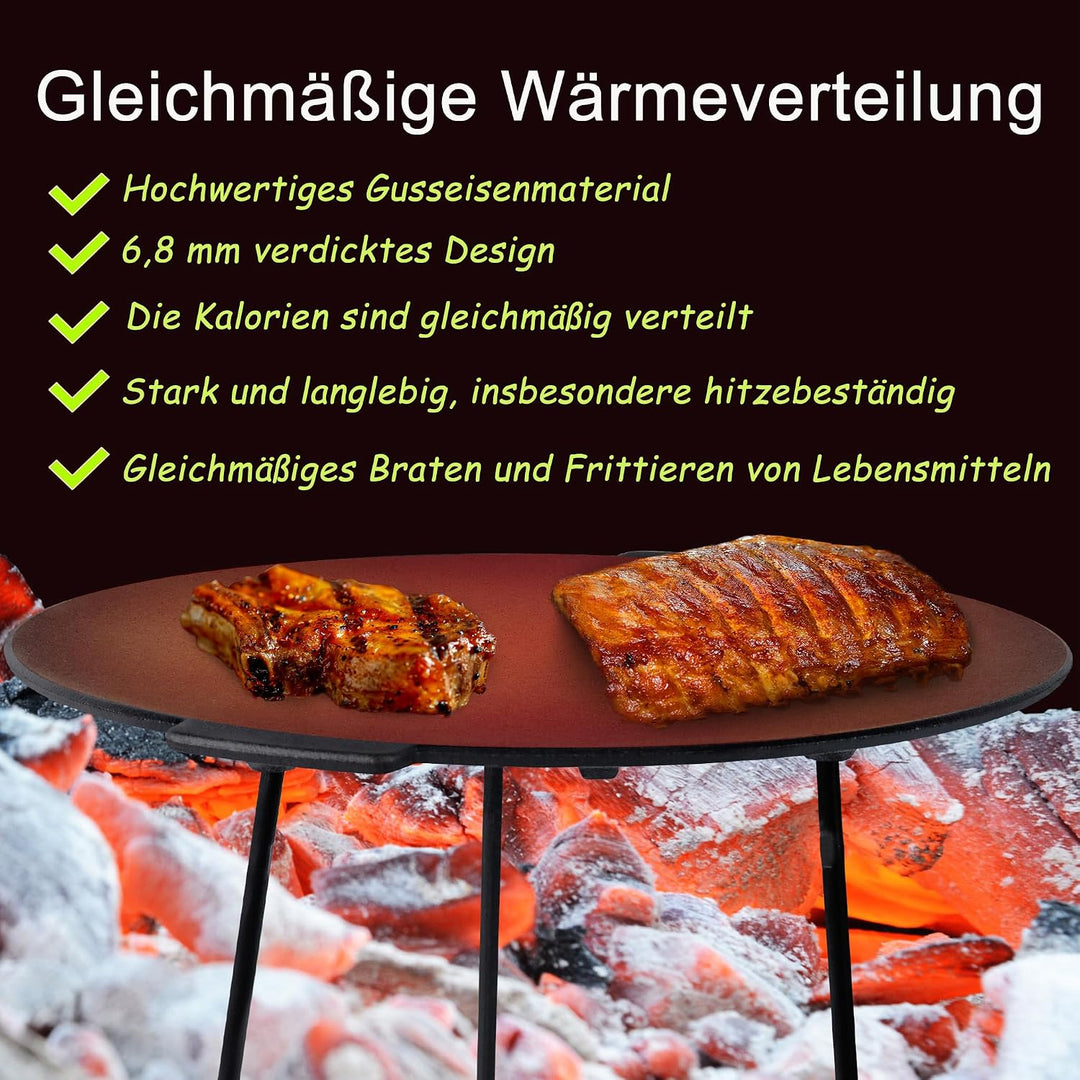 YRHome BBQ Gusseisen Grillplatte Rund Ø45 cm Dutch Oven Ständer Dreibein Grillplatte Grillpfanne mit