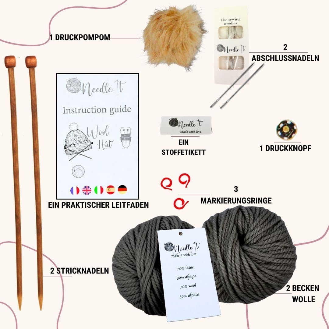 Needle It® Strickset Mütze komplett grau - Wollmütze zum Selberstricken für Kinder und Erwachsene -