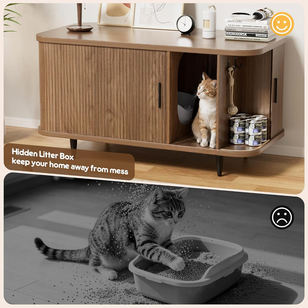 BACEKOLL Katzenklo Schrank mit Rollo-Tür Design, Mid-Century Katzenschrank Holz für grosse Katzen, V