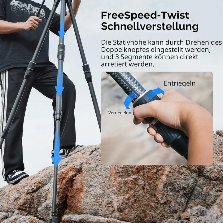 SMALLRIG FT-S303 FreeSpeed Stativ aus Kohlefaser, 59'' Reise-Videostativ mit Höhenverstellung durc