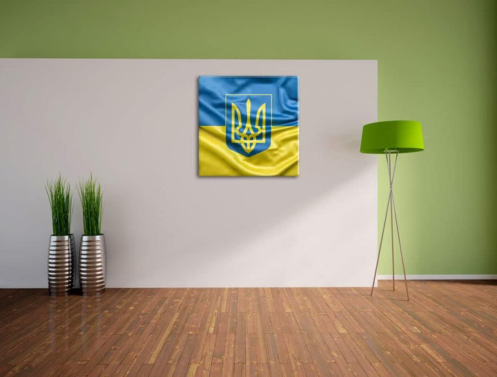 Pixxprint Ukraine Flagge mit Wappen als Leinwandbild Quadratisch| Grösse: 70x70 cm | Wandbild | Kuns