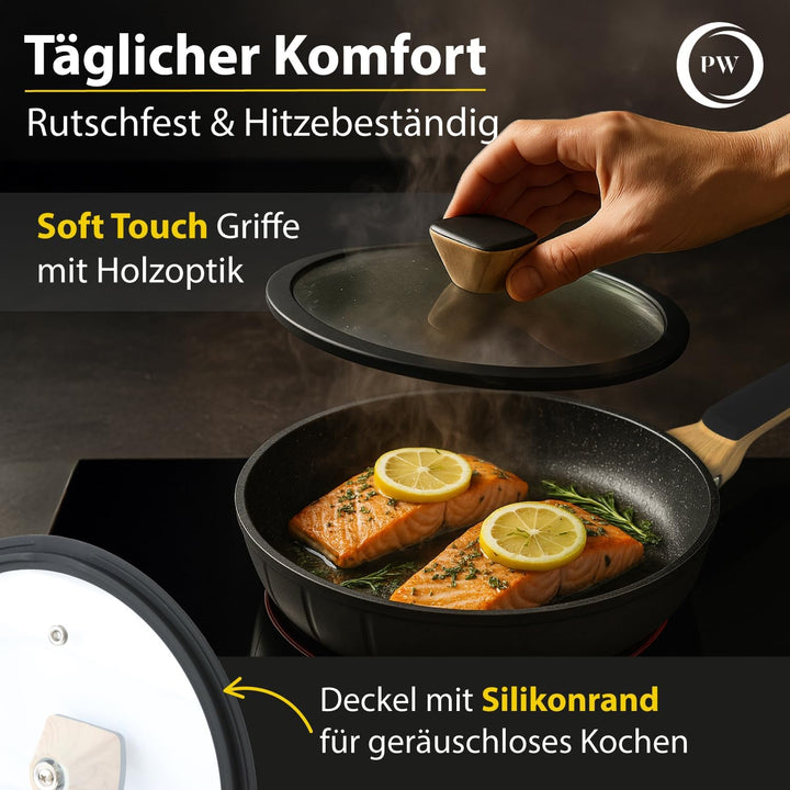 Pela Welle® Bratpfanne 28 cm Induktion, beschichtete Pfanne mit Deckel, schwarz | Bratpfanne Indukti