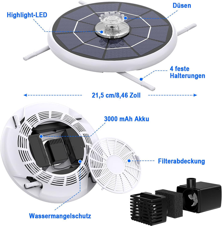AISITIN 6,5W LED Solarbrunnen für Draussen Verbessert mit 3300mAh Akku, Solar Schwimmender Fontäne P