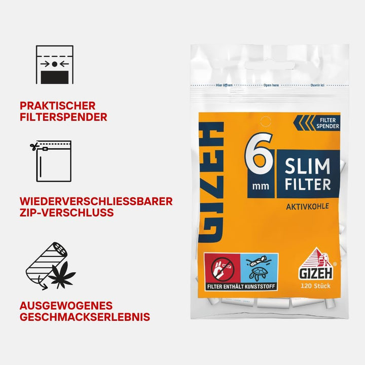 GIZEH Slim Filter Aktivkohle 6 mm Durchmesser – 20er Pack á 120 Filter in 15 mm Länge - Aktivkohle F