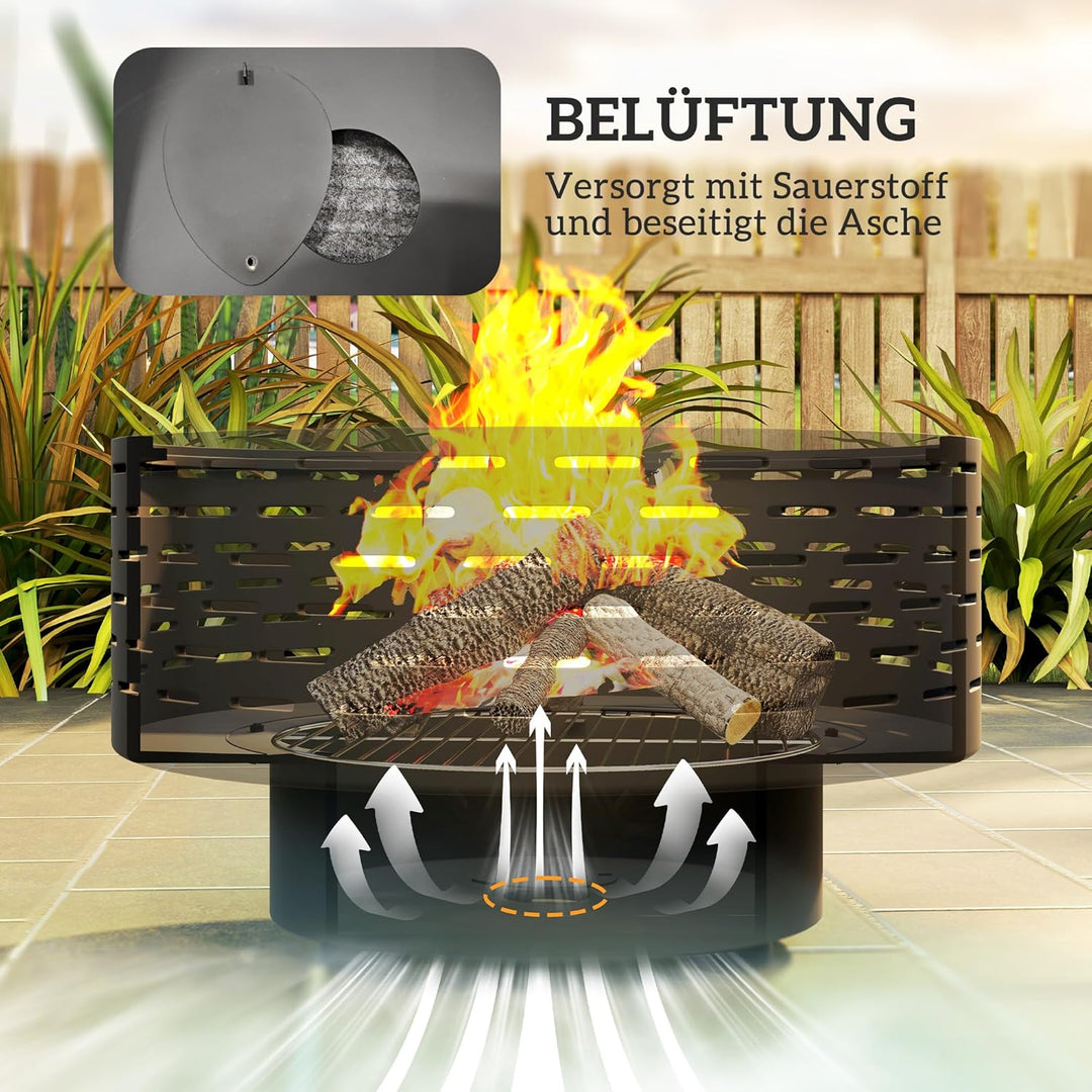 Outsunny 3-in-1 Feuerschale Ø60 x 39cm aus Edelstahl Feuerstelle mit Grillrost Schürhaken Funkenschu