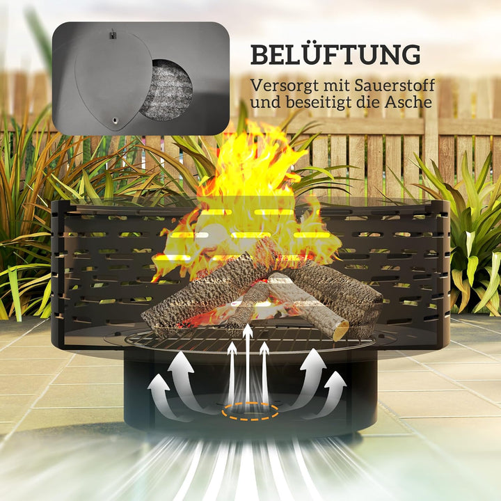 Outsunny 3-in-1 Feuerschale Ø60 x 39cm aus Edelstahl Feuerstelle mit Grillrost Schürhaken Funkenschu