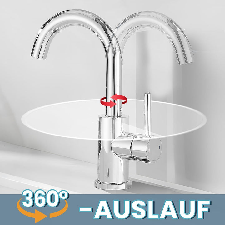 Wasserhahn Bad,Badarmatur/Küche Klein,360°drehbar,Einhebelmischer,Edelstahl Waschbeckenarmatur Chrom