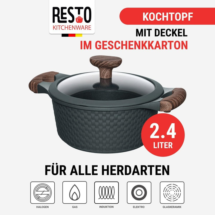 RESTO 93901 Topf mit Glasdeckel Ø20cm schwarz 2,4L - stilvoller Topf antihaftbeschichtet, Induktion,