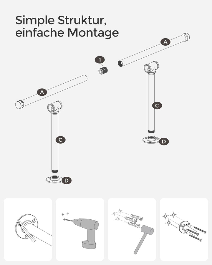 SONGMICS Kleiderstange für die Wand, 2er Set, Kleiderständer Wandmontage, Industrie-Design, platzspa