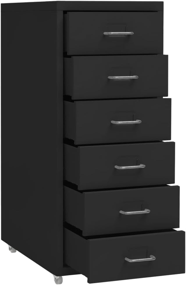 Aktenschrank mit Rollen Schwarz Metall 28x41x69 cm Büroschrank mit 6 Schubladen und Metallgriffen fü