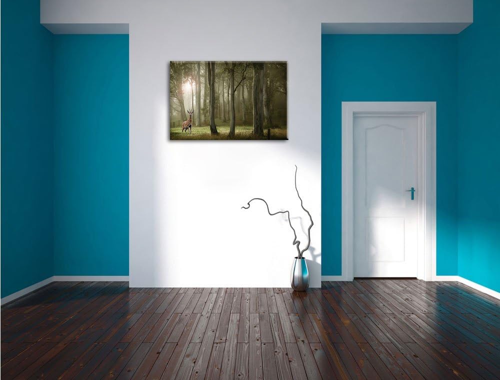 Pixxprint Hirsch im Wald als Leinwandbild/Grösse: 100x70 cm/Wandbild/Kunstdruck/fertig bespannt, 100