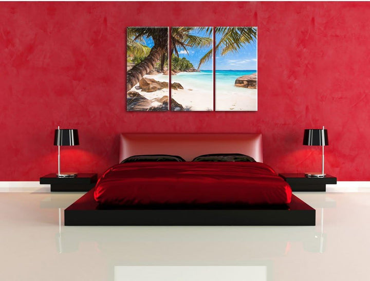 Pixxprint Palmenstrand Seychellen als Leinwandbild/Grösse: 3 Teilig (120x80 cm) cm/Wandbild/Kunstdru