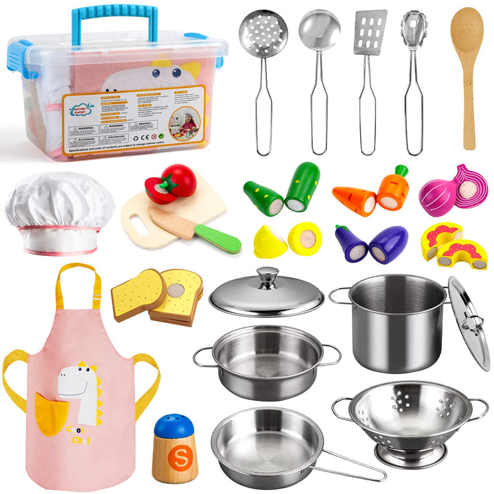Sundaymot Küchenspielzeug Zubehör, Kinderküche Kochgeschirr Mit Edelstahl Töpfe Pfannenset, Schürze