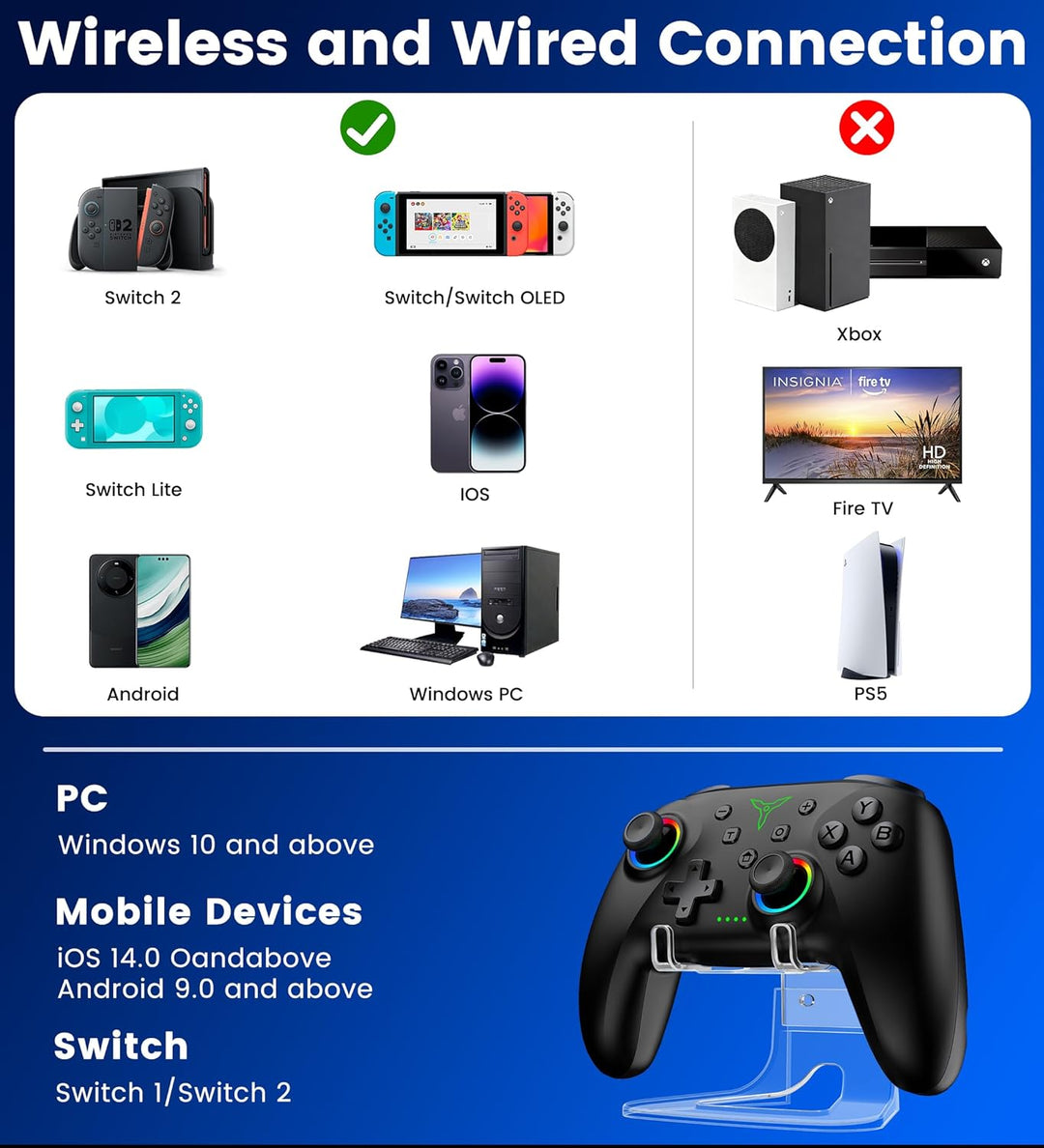 PC Controller mit Halter, Controller PC Wireless mit Hall Joystick Trigger, Kein Drift und Dead Zone