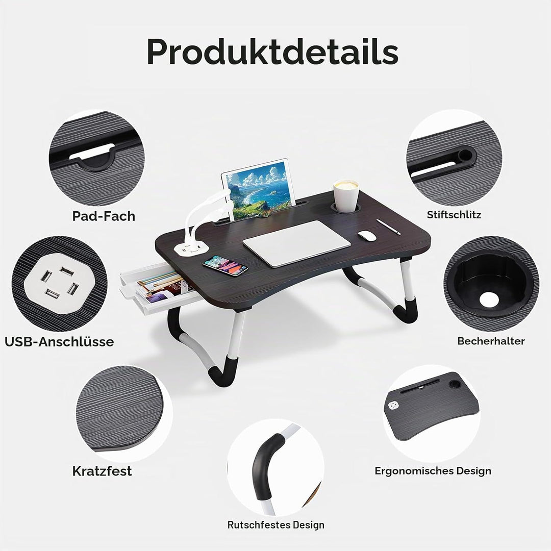 Warmiehomy Laptoptisch fürs Bett, Tragbarer Tablettisch mit klappbaren Beinen & Getränkehalter, Falt