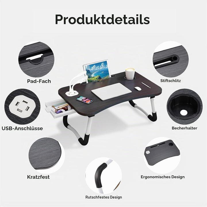 Warmiehomy Laptoptisch fürs Bett, Tragbarer Tablettisch mit klappbaren Beinen & Getränkehalter, Falt
