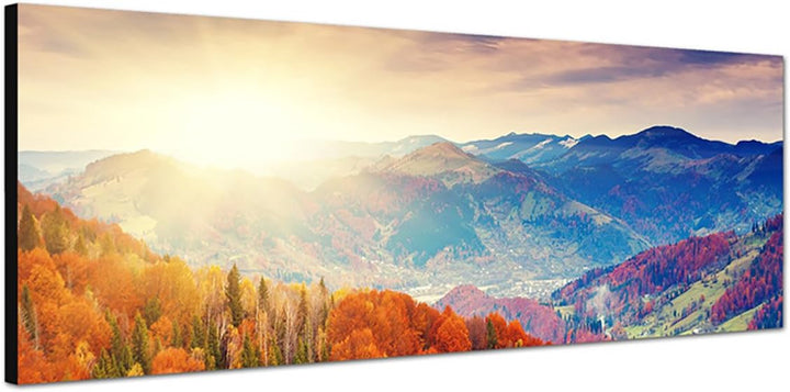 Paul Sinus Art Panoramabild auf Leinwand und Keilrahmen 150x50cm Landschaft Berge Wald Herbst Sonnen