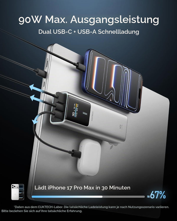 CUKTECH Powerbank 15000mAh(3S1P) 100W, Externer Akku mit Schnellladung, Tragbarer Ladegerät mit Disp