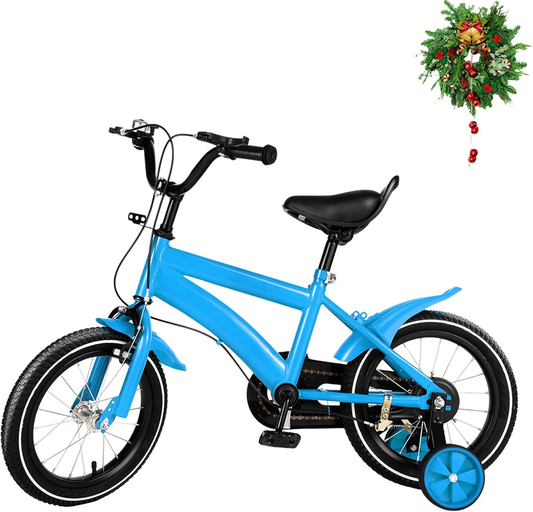 DIFU Kinderfahrrad 14 Zoll Jungen Mädchen 3 Rad Fahrrad ab 3-6 Jahre, mit Abnehmbare Stützräder Blau