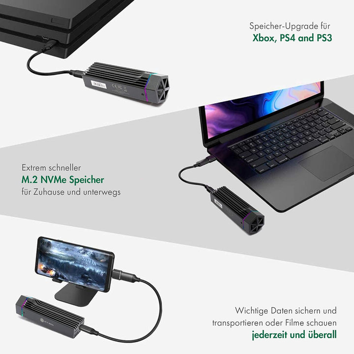 ICY Box M.2 NVMe Gehäuse mit Lüfter, RGB Beleuchtung, USB 3.1 Gen2 (10 Gbit/s), für M.2 SSD, Alumini