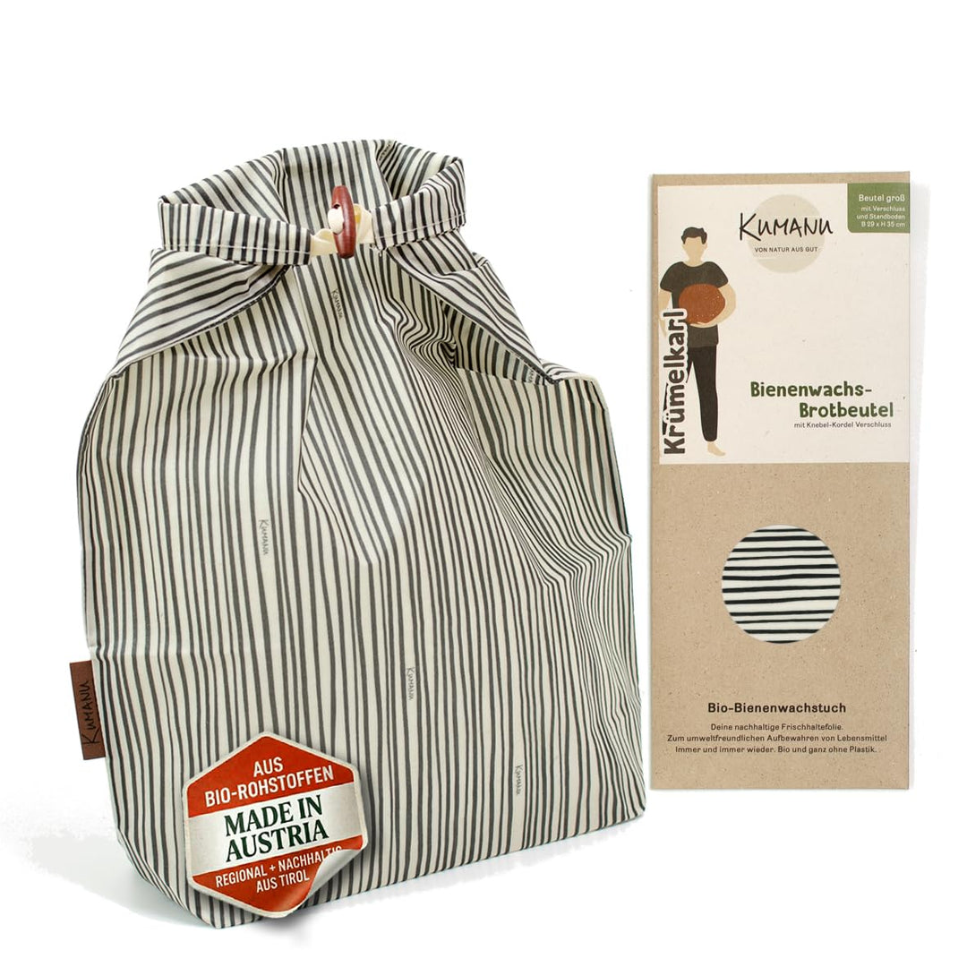Kumanu | Bio-Bienenwachstuch - Brotbeutel KRÜMELKARL | H 35cm x B 29cm | mit Standboden und Verschlu