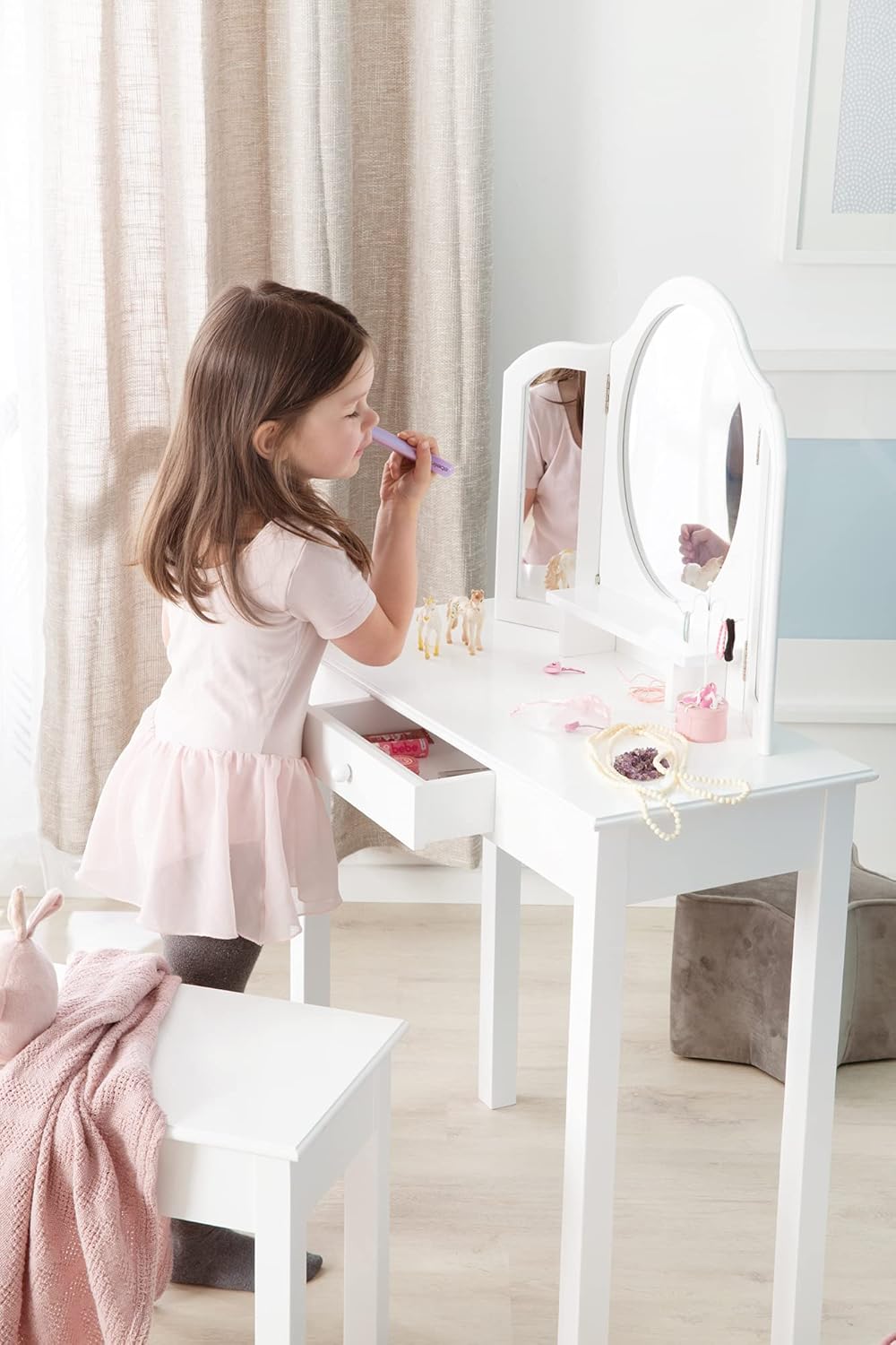 roba Schminktisch für Kinder - Frisiertisch aus Holz inkl. Hocker - Kosmetiktisch mit Spiegel & Schu
