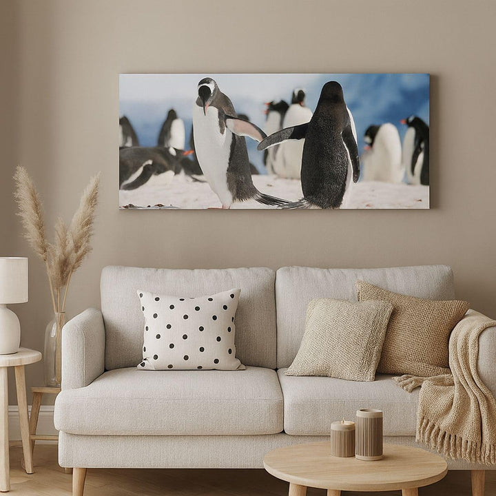 Panorama Bilder auf Leinwand 100x40cm Leinwandbild Pinguine Winter Natur Schnee Gross Wanddeko Bild